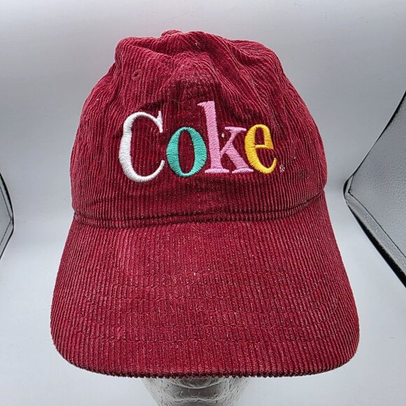Coca Cola Multicolor Logo Corduroy Baseball Cap Adjustable Burgundy Cotton Hat - Picture 1 of 10